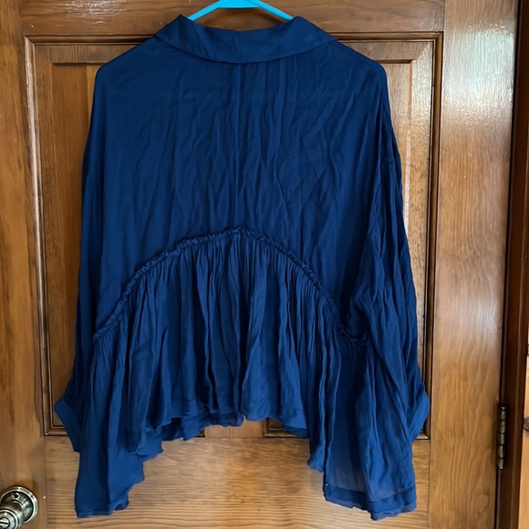 Free People Babydoll Blouse Long Sleeve Ruffled Raw Hem Teal Top Size Small - Picture 2 of 7